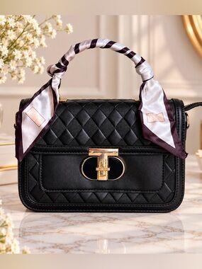 Black Quilted Satchel Crossbody Handbag with Scarf Accent Handle